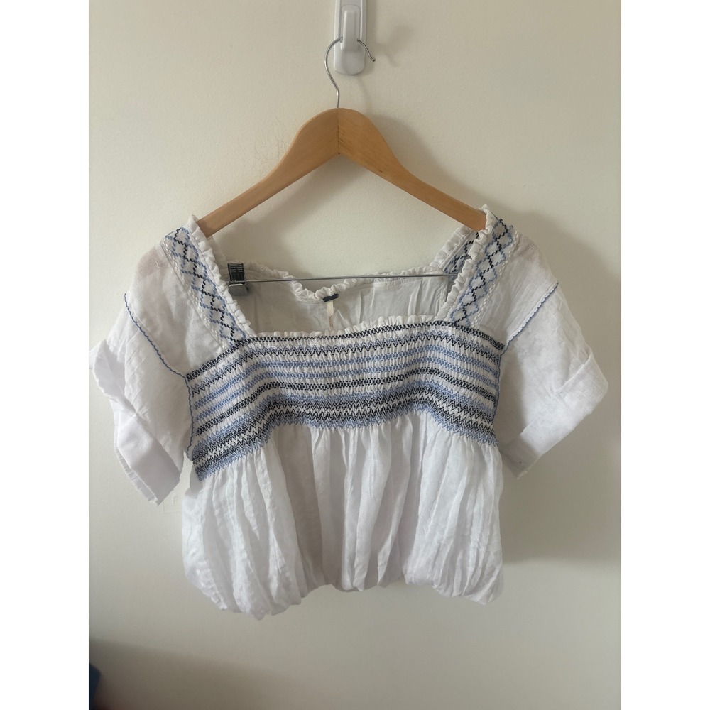 Free People White Smocked Embroidered Gauze Boho Crop Top Size S